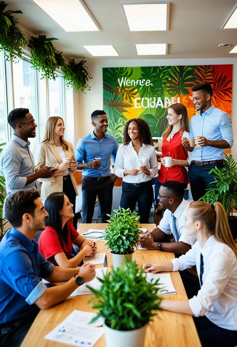 A diverse group of employees joyfully collaborating in a bright, welcoming office space, with plants and soft lighting enhancing the atmosphere. The newcomers are smiling, engaged in discussions with a mentor, showcasing teamwork and camaraderie. Include elements like welcome banners and coffee cups to symbolize warmth and integration. super-realistic. vibrant colors. cheerful atmosphere.