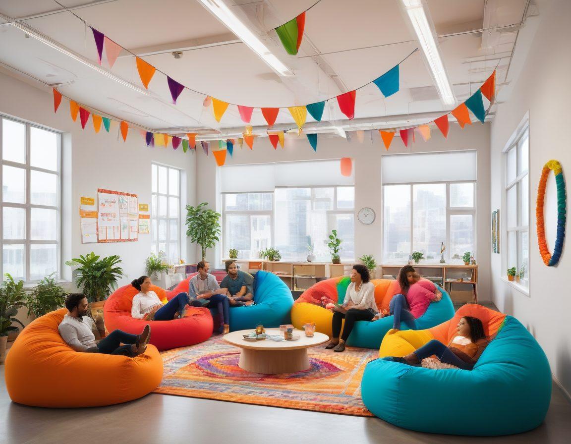 A vibrant office environment filled with diverse employees joyfully collaborating and engaging in onboarding activities. Include aspects like welcoming banners, friendly exchanges, and a breakout area with colorful bean bags. Illustrate a sense of enthusiasm and teamwork with smiley faces and a warm atmosphere. bright colors. cheerful style. 3D.