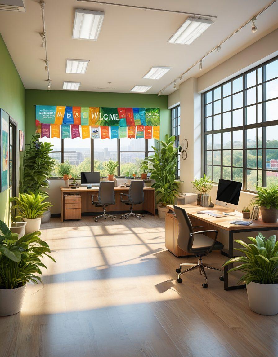 A welcoming office environment with diverse employees smiling and interacting, colorful welcome banners and plants in the background, a bright sunlight illuminating the space, showcasing teamwork and positivity. super-realistic. vibrant colors. warm lighting.